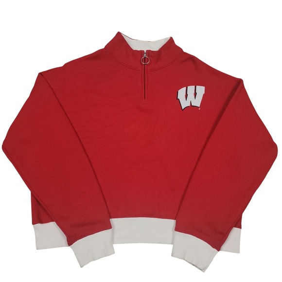 Champion Tops - Wisconsin Badgers Sweatshirt Womens L Red Champion Superfan Crop Quarter Zip